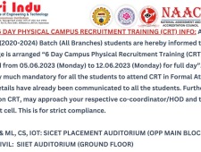 II ND PHASE 6 DAY VIRTUAL CAMPUS RECRUITMENT TRAINING (CRT) INFO: All the III B Tech (2020-2024) Batch (All Branches) students are hereby informed that the College is arranged “6 Day Virtual Campus Recruitment Training (CRT) is scheduled in Online from - 1